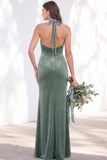 Burgundy Velvet Mermaid Halter Neck Backless Long Bridesmaid Dress