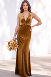 Burgundy Velvet Mermaid Halter Neck Backless Long Bridesmaid Dress