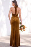 Burgundy Velvet Mermaid Halter Neck Backless Long Bridesmaid Dress