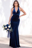 Burgundy Velvet Mermaid Halter Neck Backless Long Bridesmaid Dress