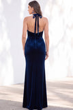 Burgundy Velvet Mermaid Halter Neck Backless Long Bridesmaid Dress