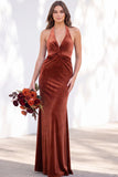 Burgundy Velvet Mermaid Halter Neck Backless Long Bridesmaid Dress