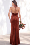 Burgundy Velvet Mermaid Halter Neck Backless Long Bridesmaid Dress