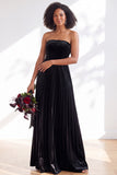 Navy A-Line Strapless Pleated Velvet Long Bridesmaid Dress