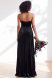 Navy A-Line Strapless Pleated Velvet Long Bridesmaid Dress