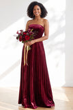 Navy A-Line Strapless Pleated Velvet Long Bridesmaid Dress