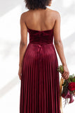 Navy A-Line Strapless Pleated Velvet Long Bridesmaid Dress