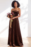 Navy A-Line Strapless Pleated Velvet Long Bridesmaid Dress