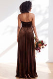 Navy A-Line Strapless Pleated Velvet Long Bridesmaid Dress