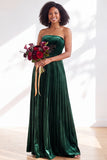 Navy A-Line Strapless Pleated Velvet Long Bridesmaid Dress