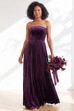 Navy A-Line Strapless Pleated Velvet Long Bridesmaid Dress