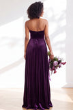 Navy A-Line Strapless Pleated Velvet Long Bridesmaid Dress
