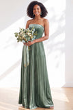 Navy A-Line Strapless Pleated Velvet Long Bridesmaid Dress