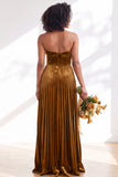 Navy A-Line Strapless Pleated Velvet Long Bridesmaid Dress