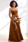 Navy A-Line Strapless Pleated Velvet Long Bridesmaid Dress