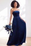 Navy A-Line Strapless Pleated Velvet Long Bridesmaid Dress