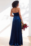 Navy A-Line Strapless Pleated Velvet Long Bridesmaid Dress