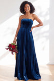 Navy A-Line Strapless Pleated Velvet Long Bridesmaid Dress