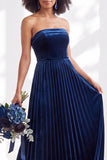 Navy A-Line Strapless Pleated Velvet Long Bridesmaid Dress