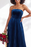 Navy A-Line Strapless Pleated Velvet Long Bridesmaid Dress
