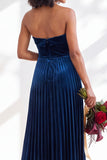 Navy A-Line Strapless Pleated Velvet Long Bridesmaid Dress
