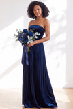 Navy A-Line Strapless Pleated Velvet Long Bridesmaid Dress