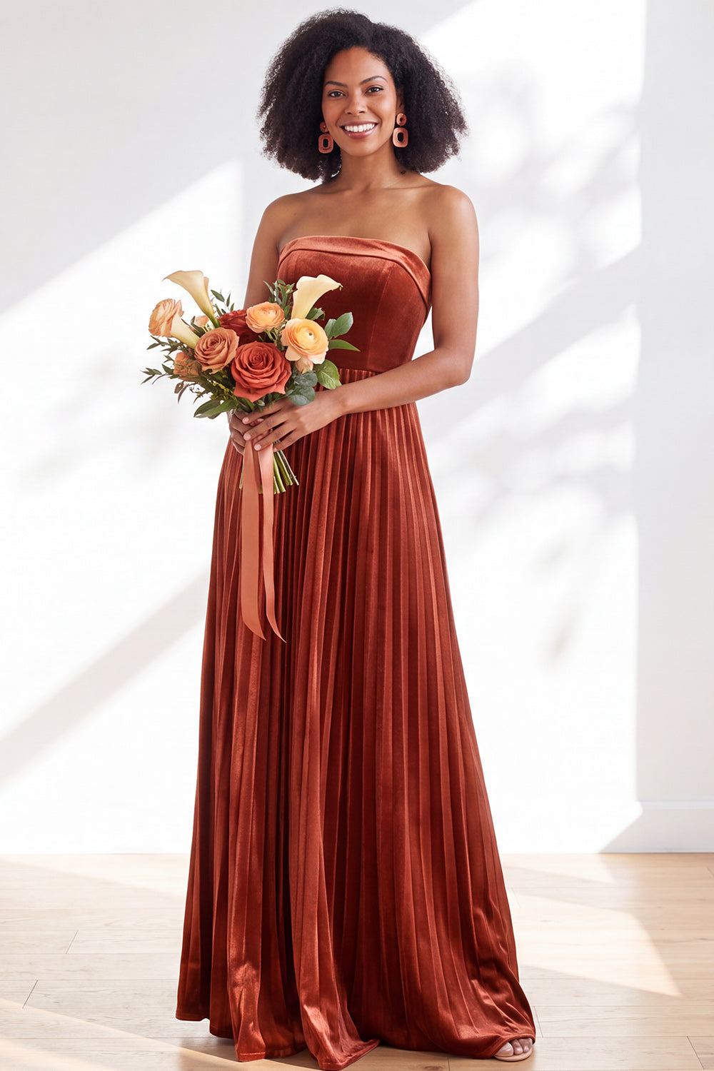 ZAPAKA Women Velvet Navy Strapless Long Bridesmaid Dress A-Line Pleated Wedding Party Dress, Burgundy / US14