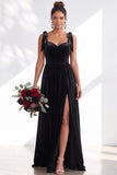 Dark Green Velvet Sweetheart Straps Bow Long Bridesmaid Dress with Slit