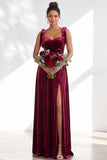 Dark Green Velvet Sweetheart Straps Bow Long Bridesmaid Dress with Slit