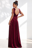 Dark Green Velvet Sweetheart Straps Bow Long Bridesmaid Dress with Slit