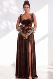 Dark Green Velvet Sweetheart Straps Bow Long Bridesmaid Dress with Slit