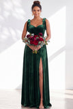Dark Green Velvet Sweetheart Straps Bow Long Bridesmaid Dress with Slit