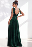 Dark Green Velvet Sweetheart Straps Bow Long Bridesmaid Dress with Slit