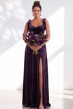 Dark Green Velvet Sweetheart Straps Bow Long Bridesmaid Dress with Slit