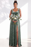 Dark Green Velvet Sweetheart Straps Bow Long Bridesmaid Dress with Slit