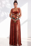 Dark Green Velvet Sweetheart Straps Bow Long Bridesmaid Dress with Slit