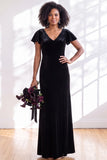 Navy Flutter Sleeves Velvet Sheath Long Bridesmaid Dress