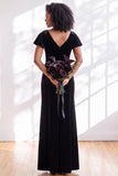 Navy Flutter Sleeves Velvet Sheath Long Bridesmaid Dress