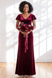Navy Flutter Sleeves Velvet Sheath Long Bridesmaid Dress