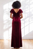 Navy Flutter Sleeves Velvet Sheath Long Bridesmaid Dress