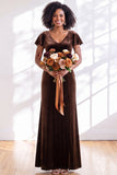 Navy Flutter Sleeves Velvet Sheath Long Bridesmaid Dress