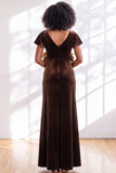 Navy Flutter Sleeves Velvet Sheath Long Bridesmaid Dress