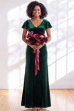 Navy Flutter Sleeves Velvet Sheath Long Bridesmaid Dress