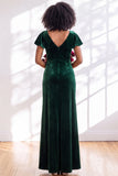Navy Flutter Sleeves Velvet Sheath Long Bridesmaid Dress