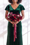 Navy Flutter Sleeves Velvet Sheath Long Bridesmaid Dress