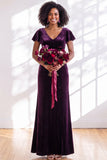 Navy Flutter Sleeves Velvet Sheath Long Bridesmaid Dress