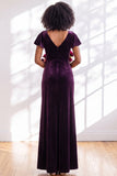 Navy Flutter Sleeves Velvet Sheath Long Bridesmaid Dress