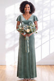 Navy Flutter Sleeves Velvet Sheath Long Bridesmaid Dress