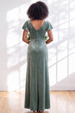 Navy Flutter Sleeves Velvet Sheath Long Bridesmaid Dress