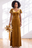 Navy Flutter Sleeves Velvet Sheath Long Bridesmaid Dress